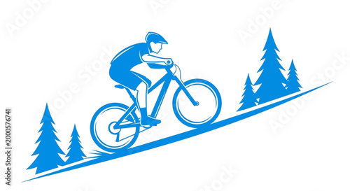 Mountain biker riding uphill through trees illustration