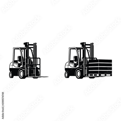 Forklifts in warehouse setting with one loaded with pallets industrial equipment for lifting and transporting heavy goods