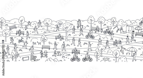 Busy public park scene with people walking cycling and relaxing in nature line art