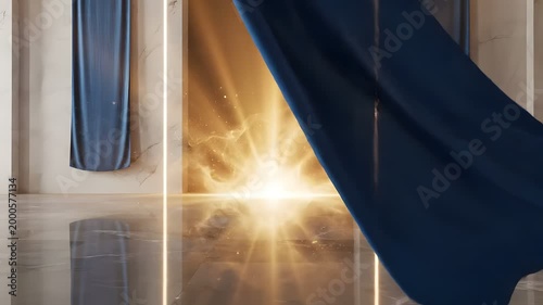 Bright golden light burst in elegant marble hall with blue curtains