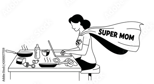 Tableau sur toile Illustration of a super mom multitasking with a laptop while cooking and managin