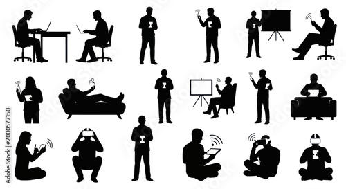 Silhouettes of people using digital devices, laptops, and virtual reality headsets