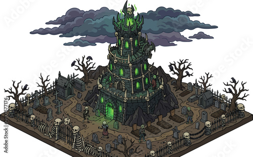Foto Isometric dark fantasy necromancer tower, spooky gothic graveyard with skeletons