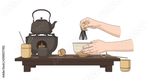 Illustration of hands whisking matcha tea during a traditional Japanese tea ceremony