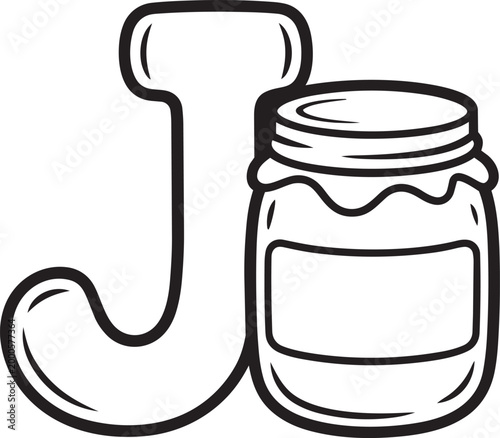 Uppercase letter j and an outline jar with a blank label cartoon vector illustration for educational