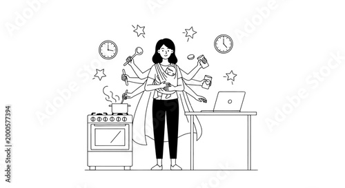 Super mom multitasking with baby, cooking and working