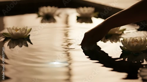 Close up of hand reaching for water lily on reflective pond surface