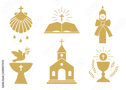 golden set of baptism related icons: baptismal font, shell, candle, chalice, church and bible- vector illustration