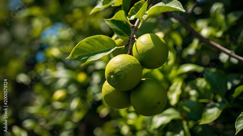 The image displays unripe green lemons or limes growing on a citrus tree branch