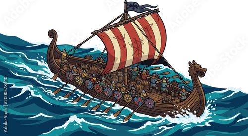 Foto Viking longship sailing on rough ocean waves, wooden drakkar boat with red strip
