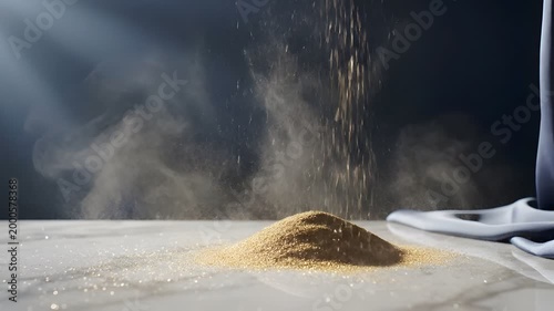 Golden powder pouring onto marble surface with dramatic light beams