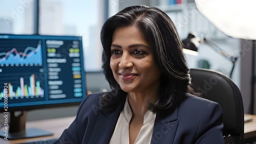Indian businesswoman working on computer in modern corporate office setting
