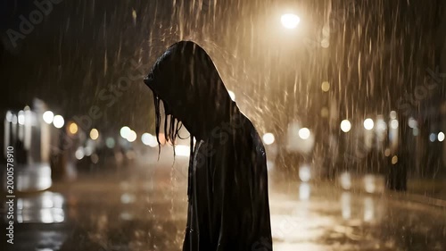 Lone figure in hooded jacket standing in heavy rain at night