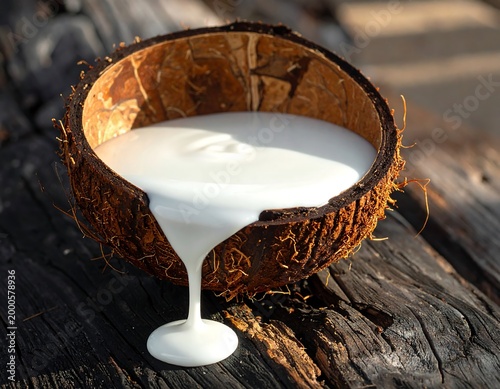 Dynamic spiral swirl of pure white coconut cream over rustic dark wood, artistic liquid flow for beverage ad
