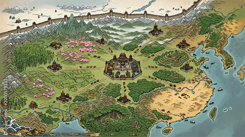 Canvas Print Vintage fantasy world map vector, ancient oriental kingdom landscape with mounta