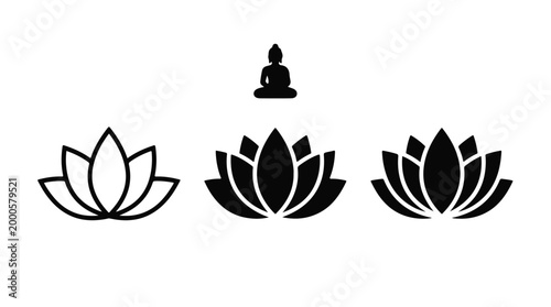 Set of black lotus flower icons and Buddha silhouette for meditation and yoga design.