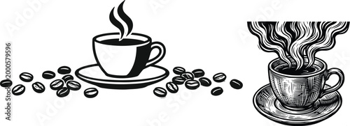 Black and white vector illustration of two coffee cups with rising steam and scattered beans in artistic contrasting styles