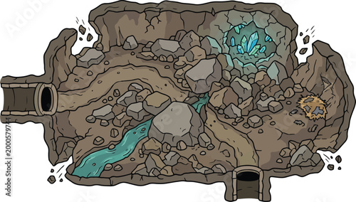 Photos Fantasy underground cave map vector, subterranean dungeon with glowing crystals