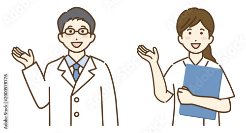 男性医師と女性看護師　説明するイラストのセット