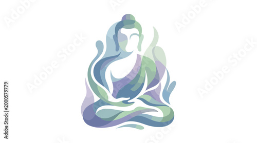 Abstract watercolor illustration of a meditating Buddha figure.