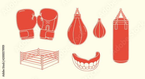 Red boxing equipment line art icons set with gloves, punching bag, speed bag, ring and mouthguard.