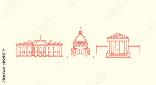 Red Line Illustration of United States Government Buildings White House Capitol and Supreme Court