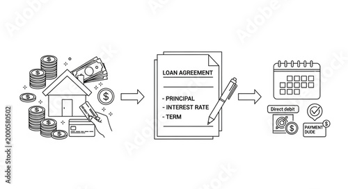 Mortgage Loan Process Illustration with House Money and Calendar.