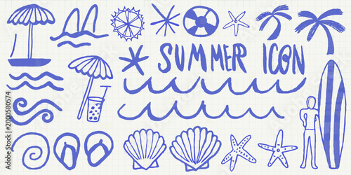 sketch style summer icons set on grid background high quality professional detailed modern elegant stylish