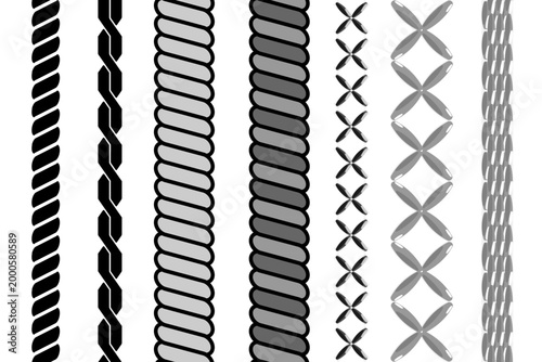 Vector set of seamless brushes featuring various decorative elements including twisted ropes, cords, and cross-stitch embroidery patterns. Black and grey fashion borders for garment design, nautical