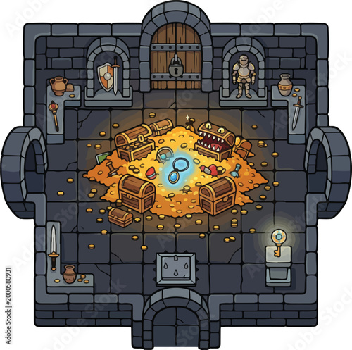 Foto Medieval dungeon treasure room vector, fantasy castle vault with gold coins and