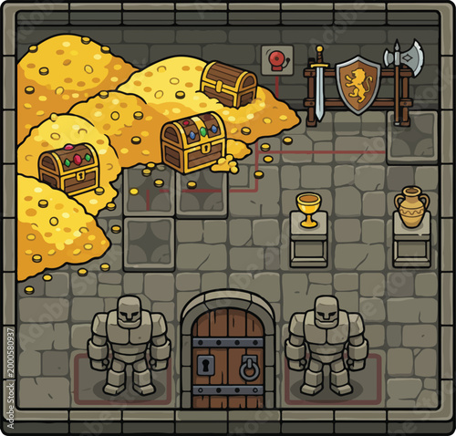 Fotografía Fantasy dungeon treasure room vector, medieval castle vault with gold coins and