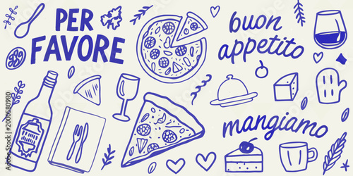 hand drawn illustration of italian food items with phrases on cream background high quality professional