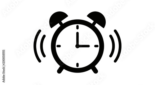 Bold black vector illustration of an alarm clock ringing with sound waves, a timeless graphic design representing urgency, time management, and morning wake-up calls.