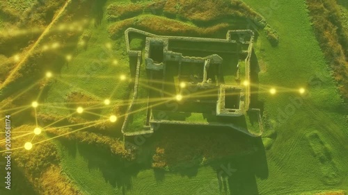 Animated network starting at left path spreading over ruined castle, visualizing geospatial links