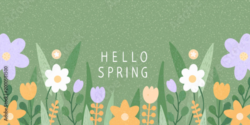 hello spring text with colorful flowers on green background high quality professional detailed modern elegant