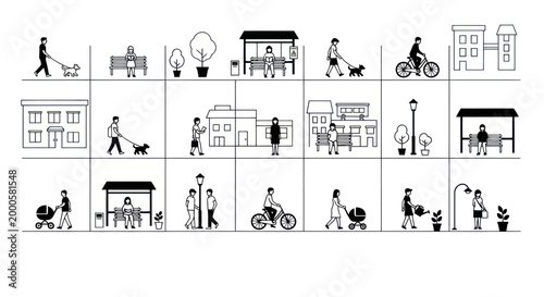 Fotografie Minimalist urban life icons showing people in various daily activities