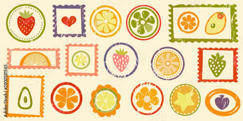 colorful fruit stamps with strawberries lemons limes and hearts high quality professional detailed modern elegant