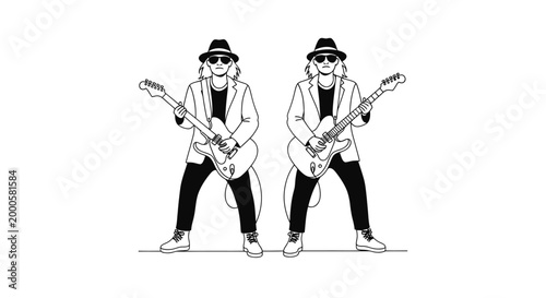 Minimalist black and white line art of two rock guitar players