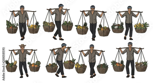 Illustration set of Asian street vendors carrying tropical fruit baskets on yokes.