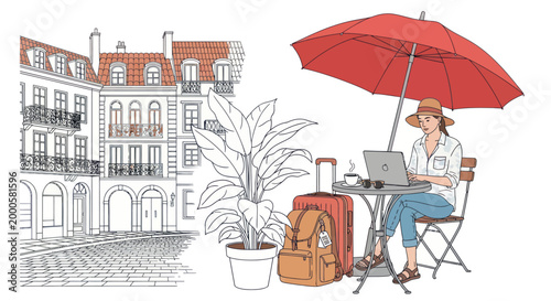 Digital nomad woman working on laptop at an outdoor cafe in a European city