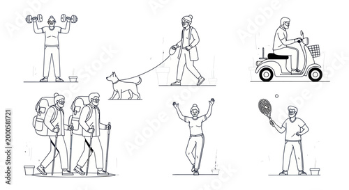 Vector line art of active seniors participating in various healthy lifestyle outdoor activities.