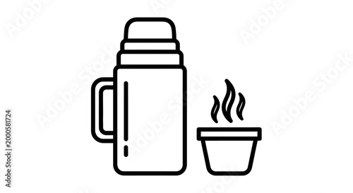 A minimalist vector graphic illustration featuring a classic thermos flask alongside a small cup with rising steam, perfect for depicting warm beverages or outdoor adventures.