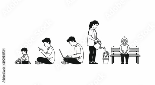 Illustration of human life stages from childhood to old age in line art