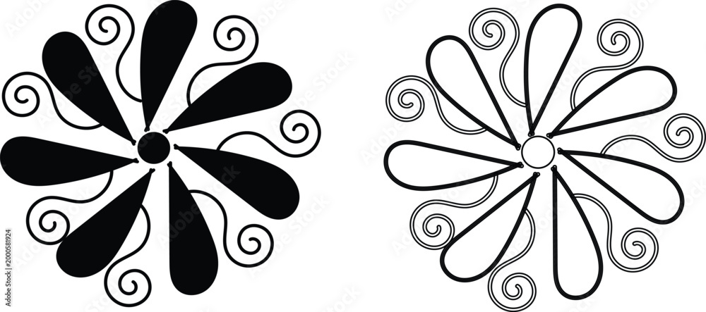 Obraz premium Abstract floral mandala vector elements with swirls and teardrop petals in minimalist black and white style