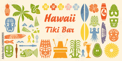 hawaii tiki bar themed vector illustration with colorful icons and tropical elements high quality professional