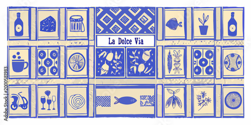 illustration of italian culinary and leisure culture with blue and beige tiles high quality professional
