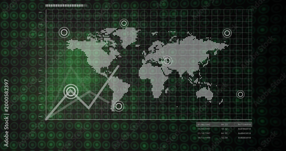 Obraz premium Displaying gridded panel showing dotted world map and rising chart on green field with targets