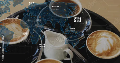 Fototapeta Displaying black round tray holding four cups on wood table, creamer, two-teaspoons, blue HUD map