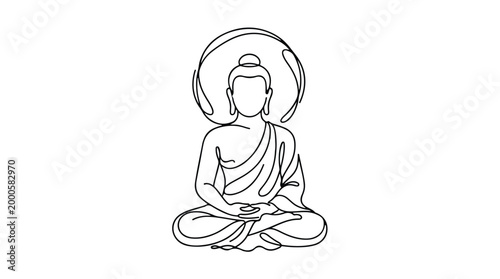 Continuous line drawing of Buddha meditating in lotus pose with halo.