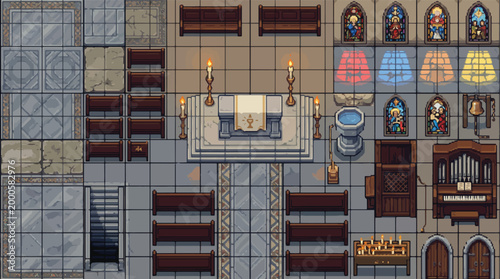 Fotografie Pixel art gothic church interior tileset, medieval cathedral game assets with al